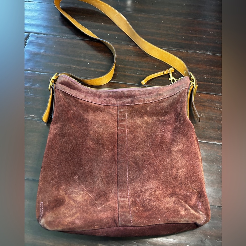 Elegant Mauve Suede Coach Shoulder Bag